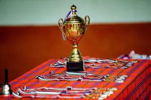 Trophy on a table with medals