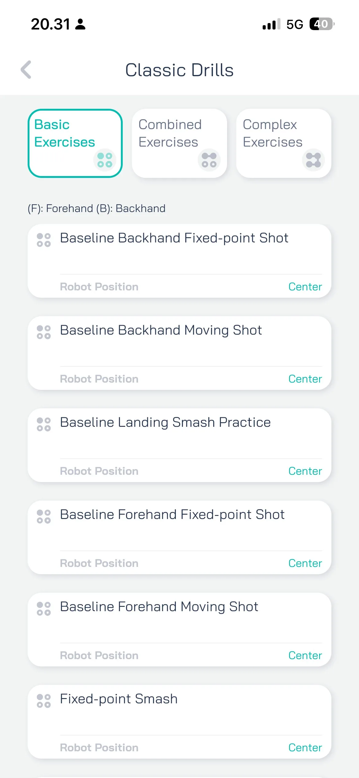 Pongbot app drill list menu